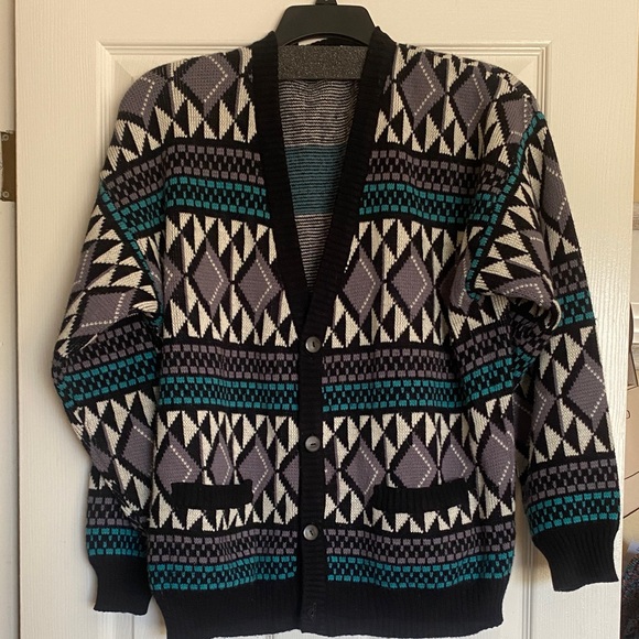 Vintage grandpa cardigan sz large geometric retro - Picture 1 of 3
